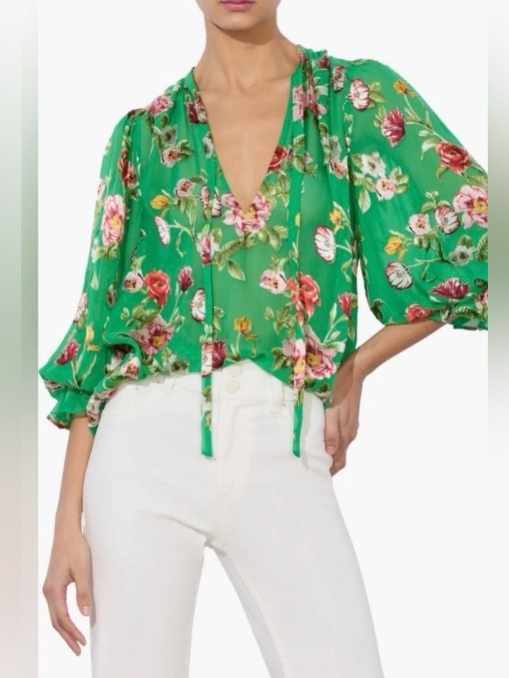 Alice + Olivia Moranne Tie-Neck Blouse Green Floral Silk Blend Size M